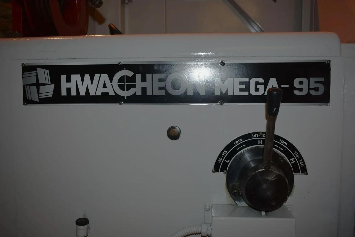 Used Hwacheon Mega 95/3000 with 48.4" Max Turn Diameter, 118" Max Length, 6" Bar Capacity, Steady Rest, Tailstock, 24" 3 Jaw Chuck