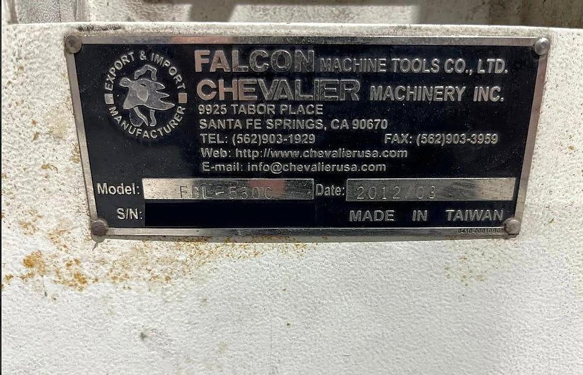 Used 2012 Chevalier FBL-530C with 12.59" Bore, 32" 4 Jaw Manual Front Chk, 28" Rear Air Chk, Tailstock, 118" cc, 500 RPM, Conveyor 