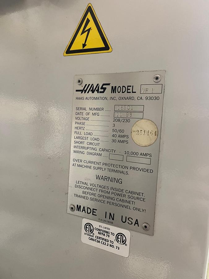 Used 1998 Haas VF1 with Programmable Coolant, 3.5" Floppy Drive, Remote Jog Handle