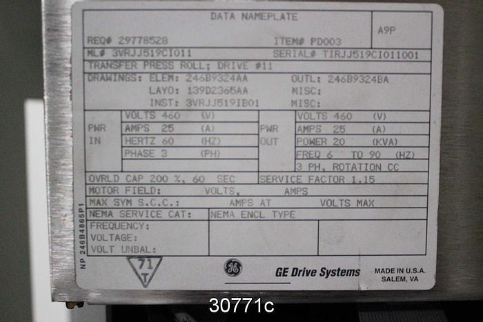 Used General Electric AC2000 Adjustable Speed Drive 3VRJJ519CI011 #30771