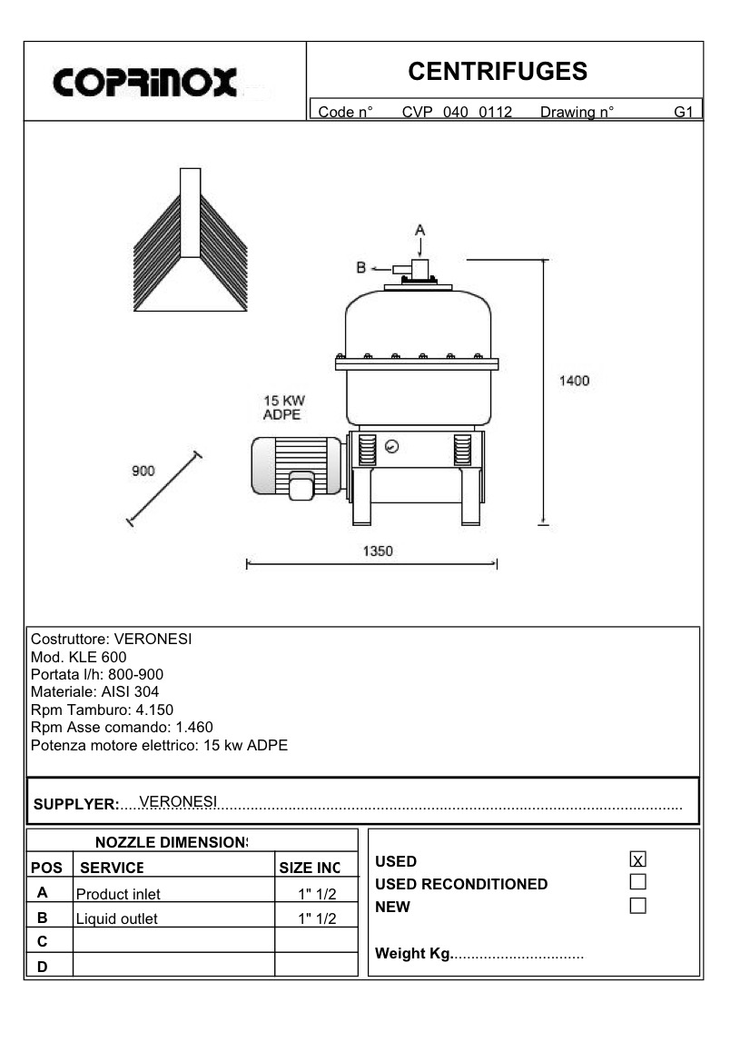 Usato Centrifuga a dischi Veronesi KLE600