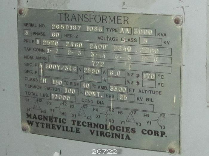 Used MagneticTechnologie Transformer, 3000 Kva, 2400 Primary Voltage, 600 Secondary Voltage #26722