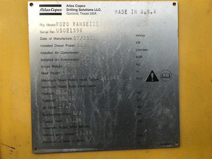 Used 2011 Atlas Copco RD20 III XC Drill Rig - Sold