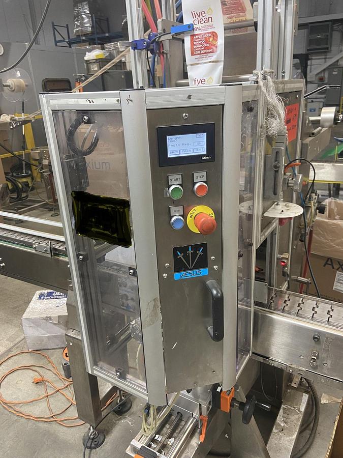 Used Aesus Eco Shrink Sleeve labeler with Steam Tunnel