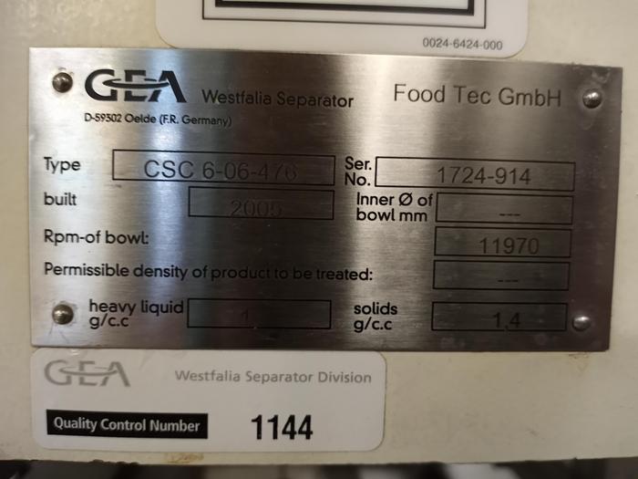 Used Used GEA-Westfalia Disc Stack Centrifuge, Model CSC-6-06-476