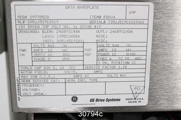 Used General Electric AC2000 Adjustable Speed Drive 3VRJJ519CI019 #30794