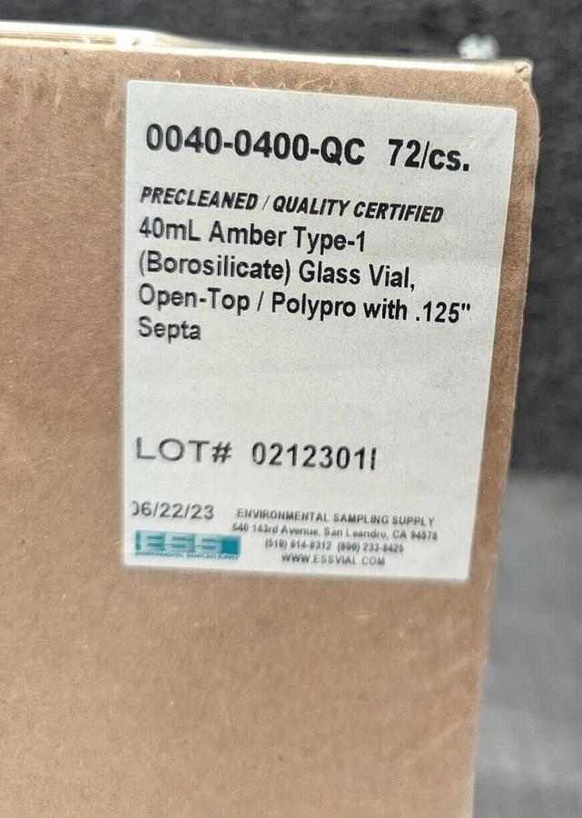 ESS 40mL Amber Type1 Borosilicate Glass Vial Open Top PolyPro w/.125" Septa 72cs