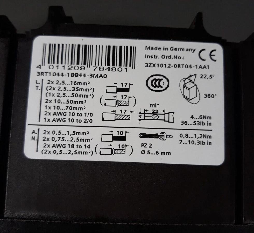 Used Siemens 3RT1044-1B-3MA0 Power Contactor w/ 3RT1921-1H22-AA1 /3RH1926-1BB00