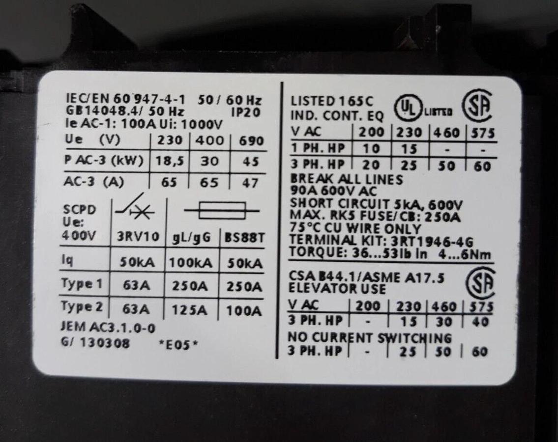 Used Siemens 3RT1044-1B-3MA0 Power Contactor w/ 3RT1921-1H22-AA1 /3RH1926-1BB00