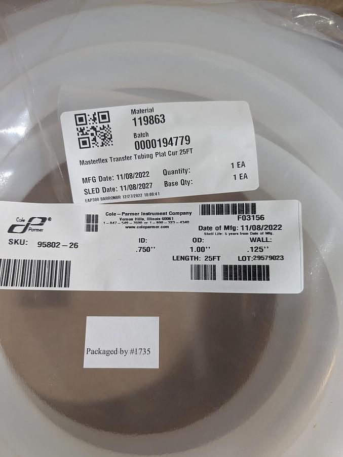 Used 3/4" Cole Parmer 95802-26 Platinum Silicone Tubing MasterFlex 25'