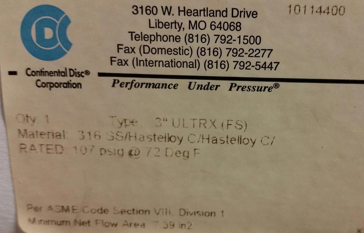 Continental Rupture Disc 3" ULTRX (FS), 107 psig @ 72 Deg. F, 316-HAST C- HAST C