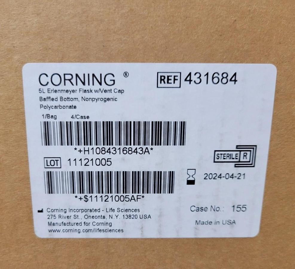Corning  431684 5L Erlenmeyer Flask w/Vent Cap Baffled Bottom Nonpyrogenic