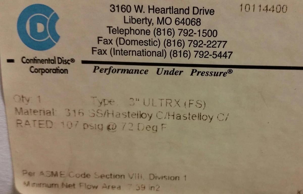 Continental Rupture Disc 3" ULTRX (FS), 107 psig @ 72 Deg. F, 316-HAST C- HAST C