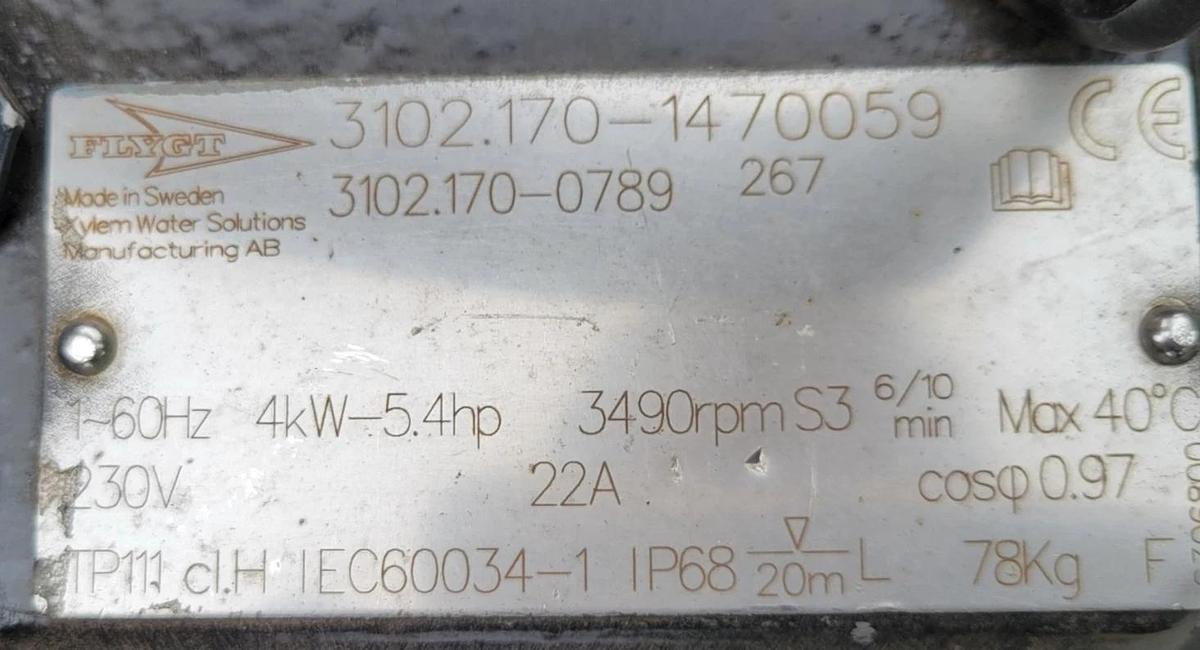 Flygt  3102.170  Submersible Macerator Pump single phase 230V, sewage