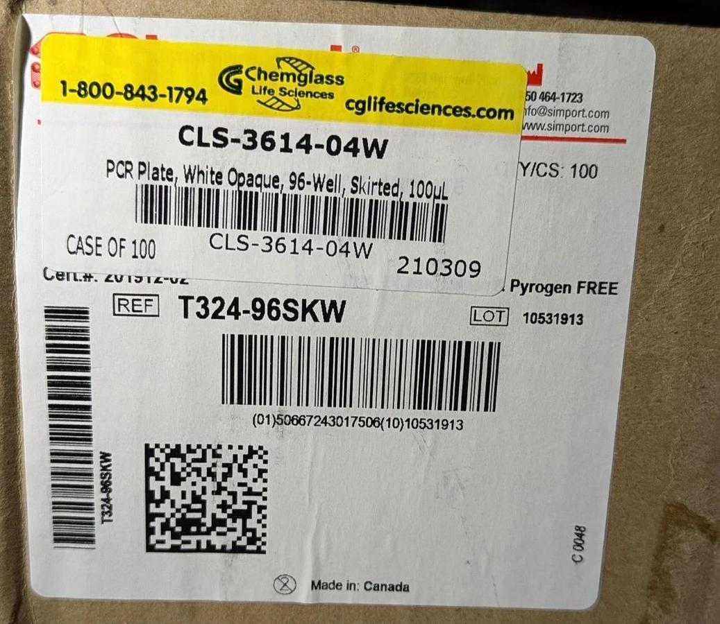 Chemglass CLS-3614-04W PCR Plate White Opaque 96-Well Skirted 100uL Case