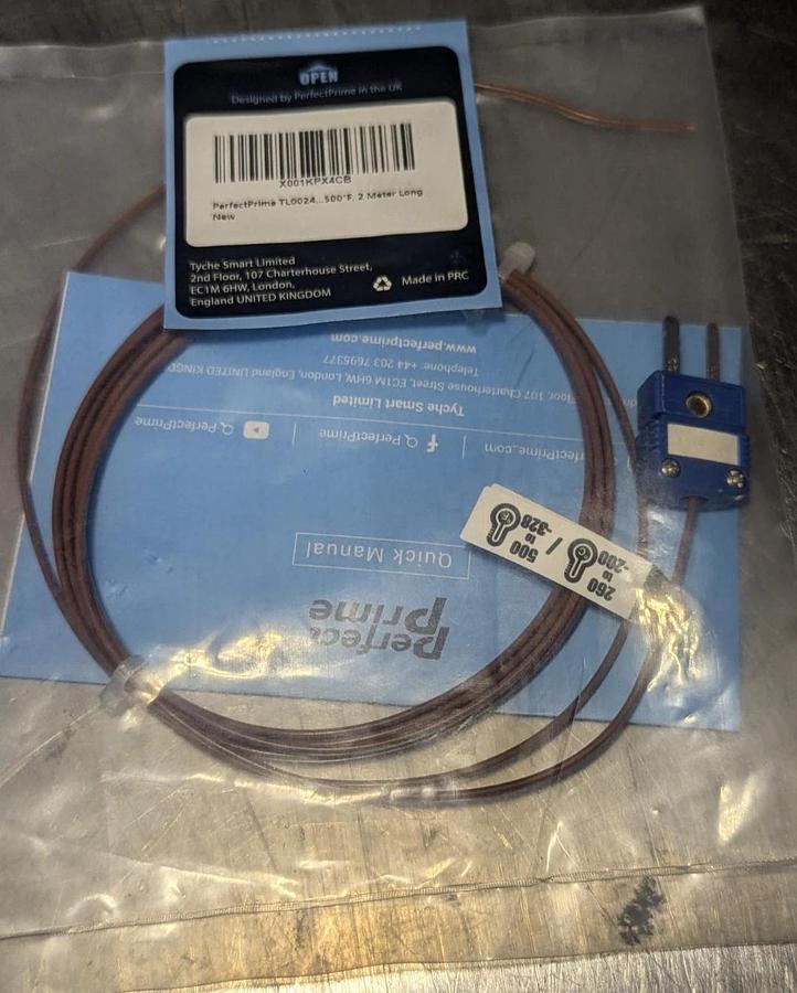 (2) PerfectPrime TL0024 T-Type Thermocouple - 500°F Beaded  (2 Meter Long)