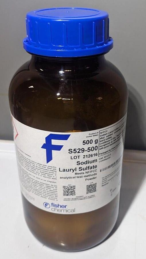 Fisher Chemical S529-500 Sodium Lauryl Sulfate   500 g, Glass Bottle