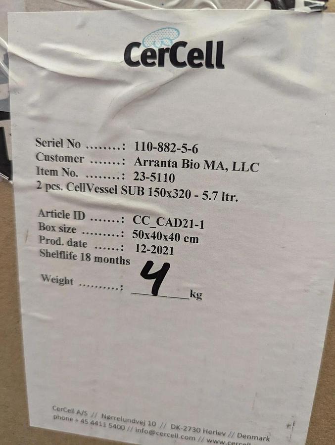 CerCell CellVessel  Sub 150x320-5,7 liter  Single- Use -Bioreactor  2/pack