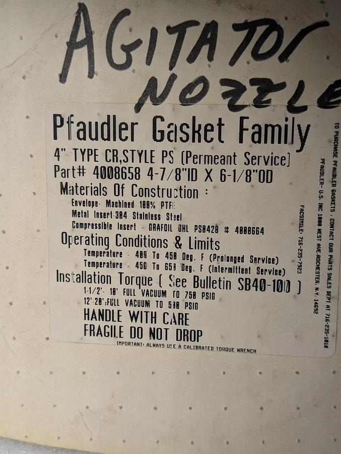 Pfaudler Gasket Family 4008658 / 4" type CR, Style PS / PTFE