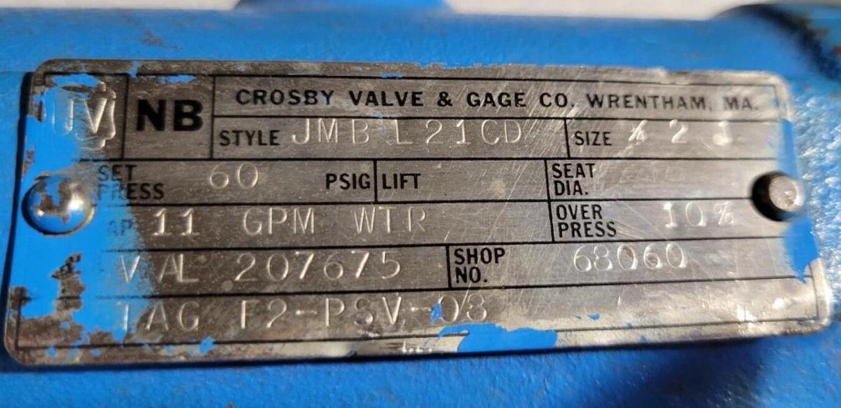Used NB Crosby Valve & Gage Co. 68060 , JMB L21CD Relief Valve 15 GPM 3/4" 2 , 1