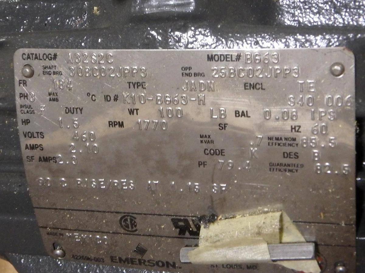 1.5 HP EMERSON U.S. MOTORS  A32S2C Frame 184  ELECTRIC MOTOR 460V