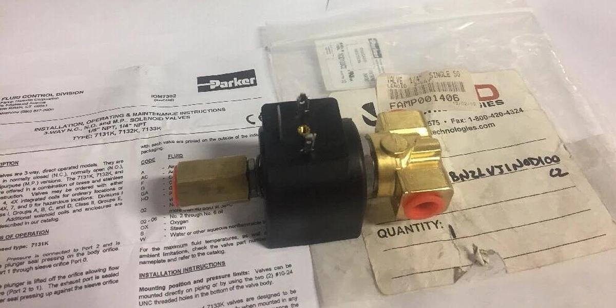 Used Parker Valve Brass 1/4" Single Solenoid, 3-way, type 7133K MP Multipurpose