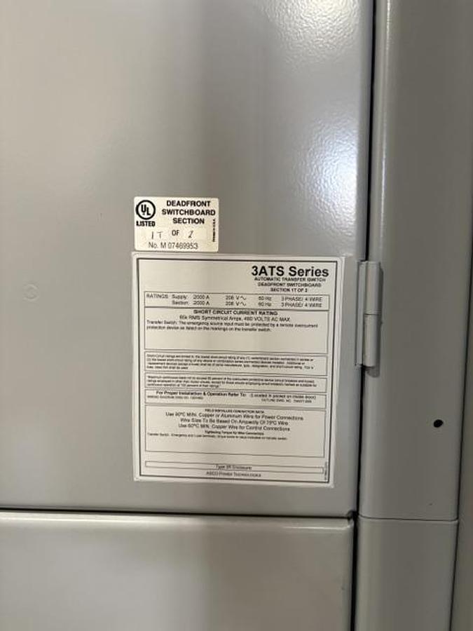 NEW ASCO 300 Series 2000A Service Rated 208V 3Ø Automatic Transfer Switch