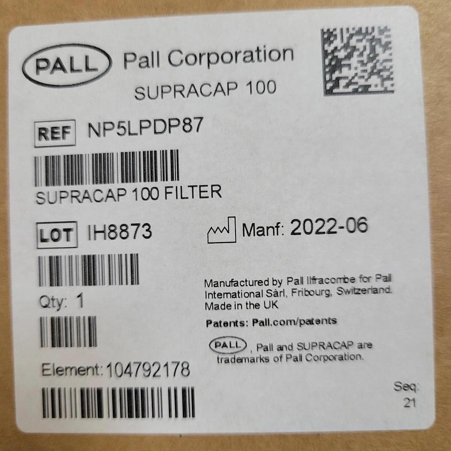 CYTIVA / PALL NP5LPDP87 Supracap 100 depth filter capsule, in-line style, 5 in
