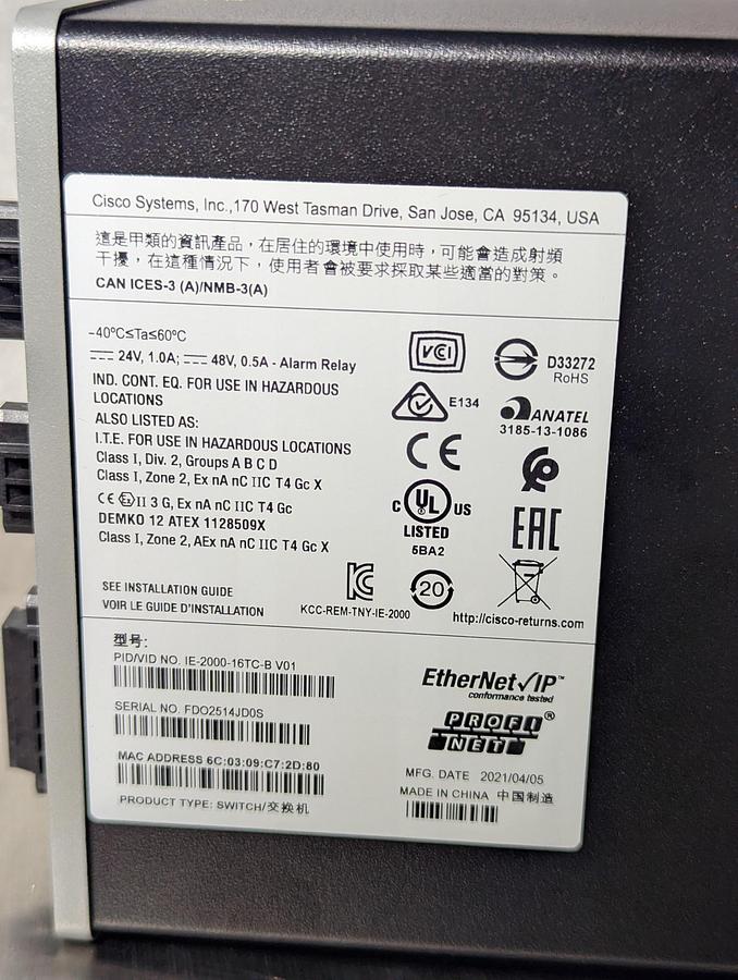 Used 2020 Cisco Industrial Ethernet Switch IE-2000 16TC-B V01