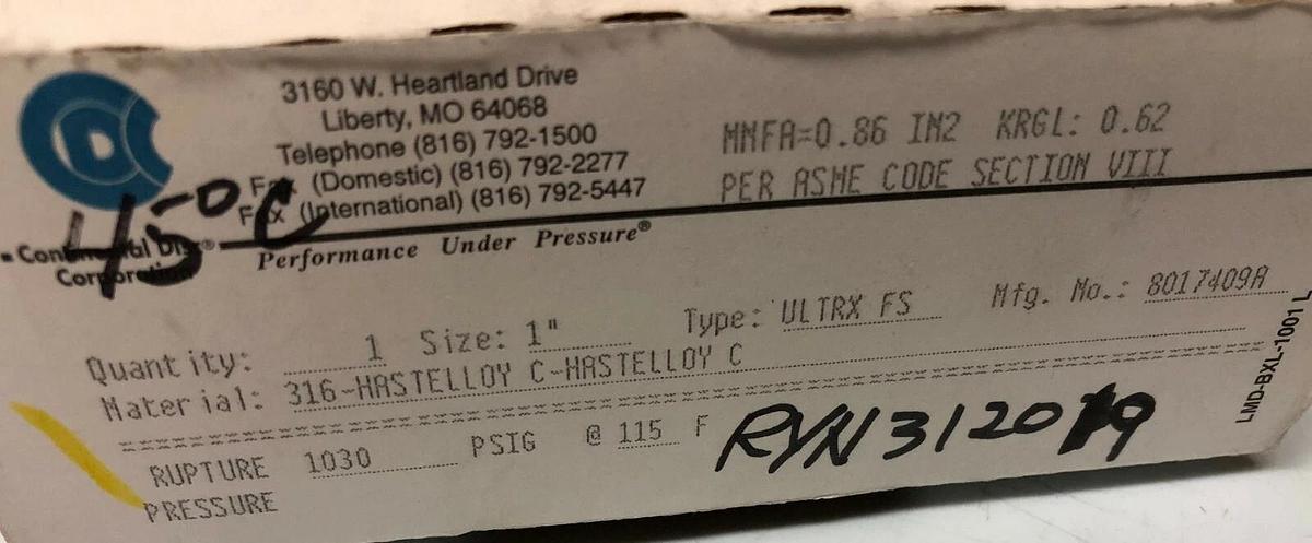 Continental Rupture Disc 1" ULTRX (FS),  1030 psig @ 115 Deg. F, 316 - HAST C -