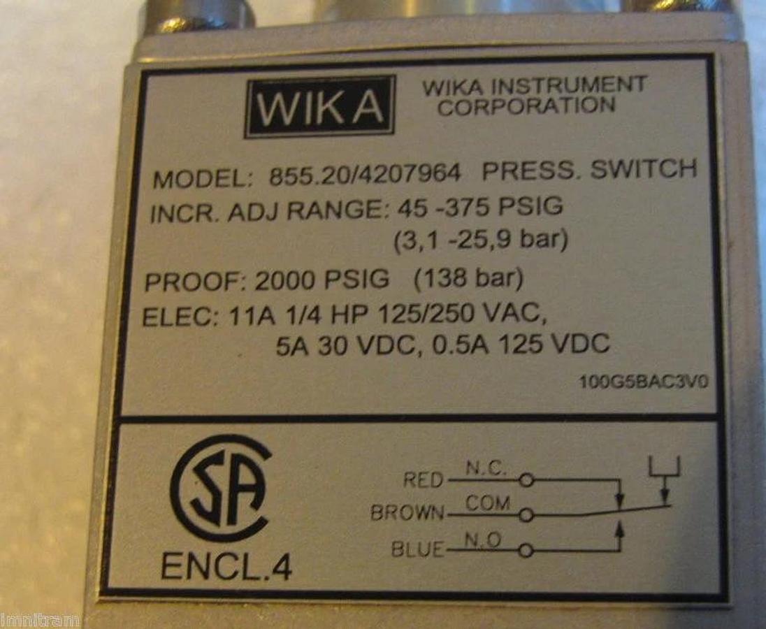 WIKA  855.20/4207964 Pressure Switch 45-375psi  SS  NEW