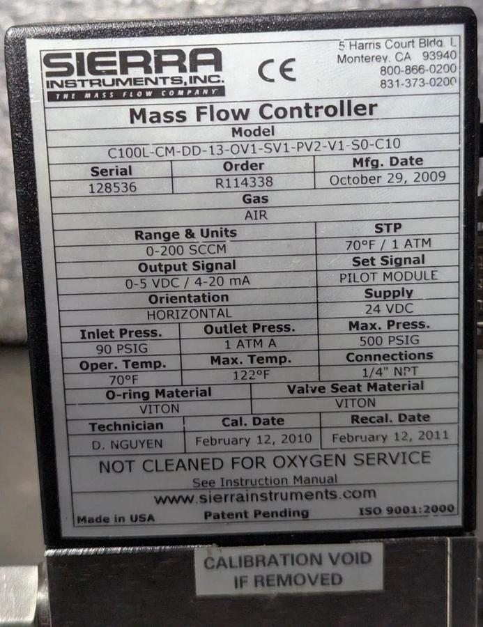 Used Sierra Smart-Trak2  C100L-CM-DD-13-OV1-SV1-PV2-V1-S0-C10 Mass Flow Controller