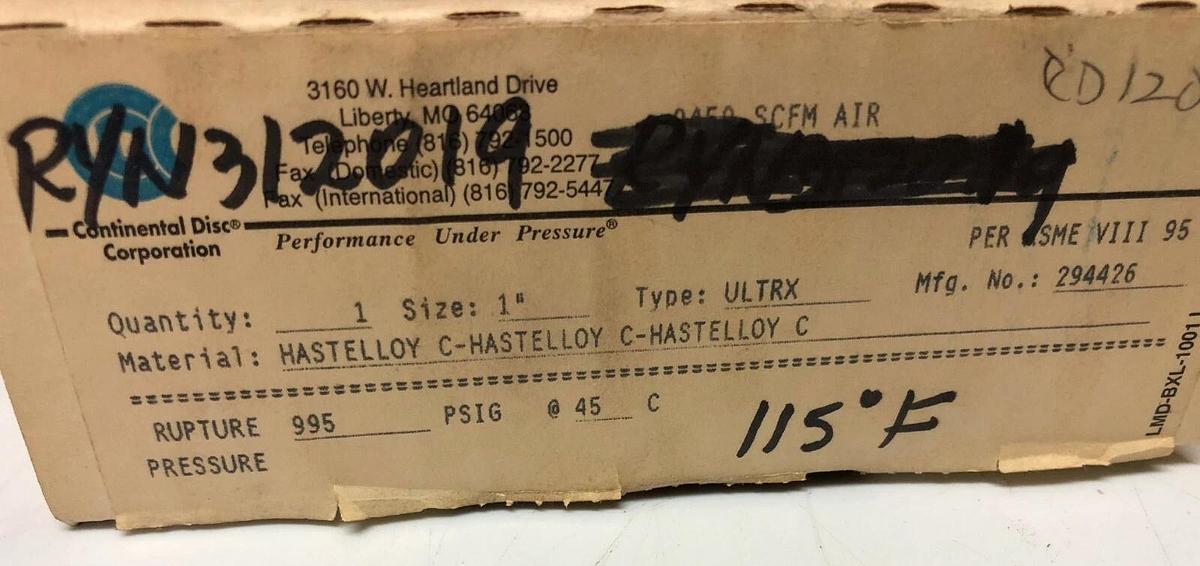 Continental Rupture Disc 1" ULTRX (FS),  995 psig @ 45 Deg. C, HAST C - HAST C