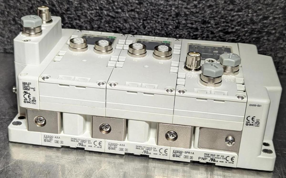Used SMC EX600-ED2 ,  (2) EX600-AXA,  EX600-SPR1A, EX600-EU1 Valve Analog Module