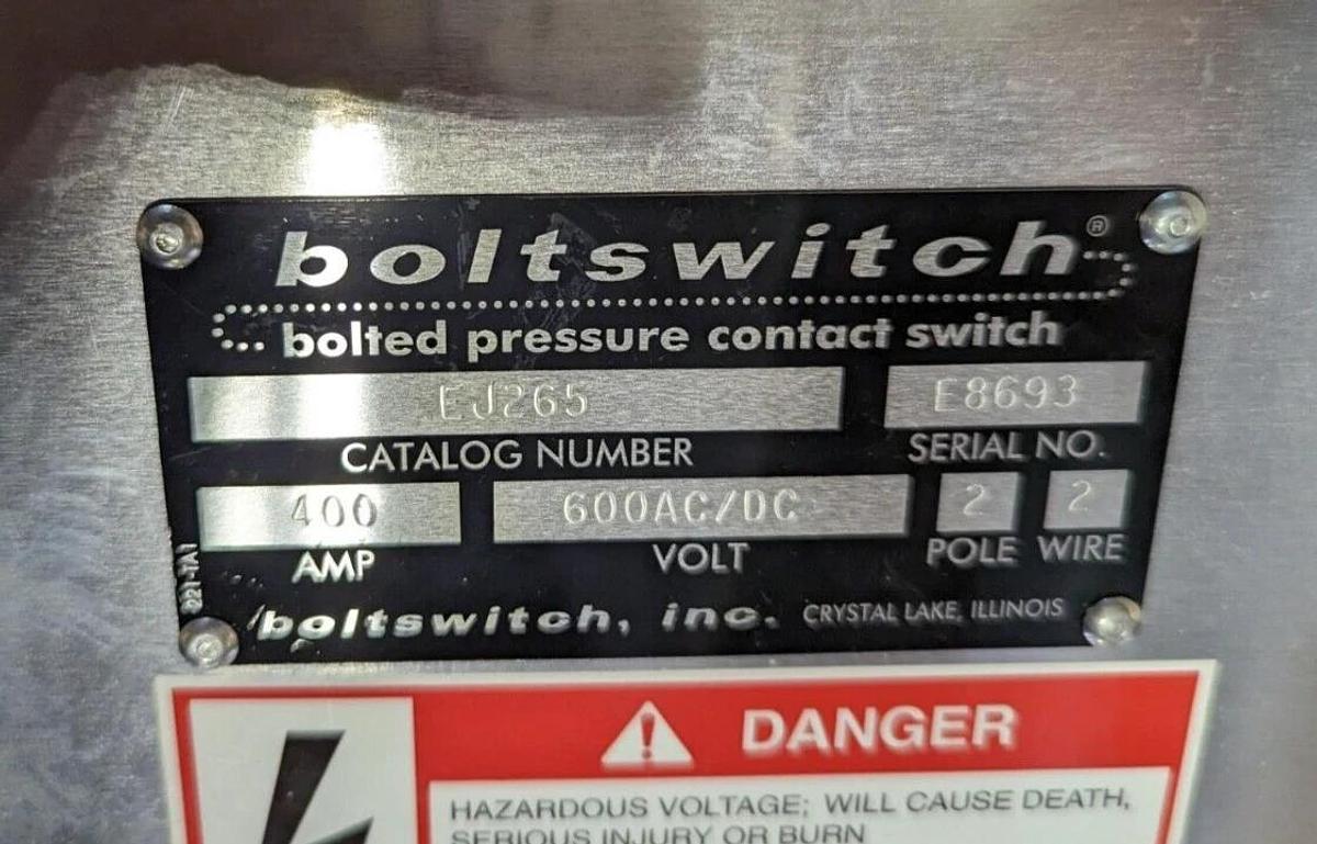Used Boltswitch 400 A,  2 pole 600v DC switch EJ265 polished aluminum