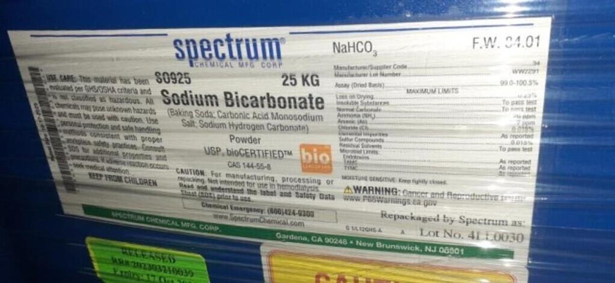 Spectrum Chemical SO925-25KGBL Sodium Bicarbonate, Powder, USP, bioCERTIFIED, 25 KG drum