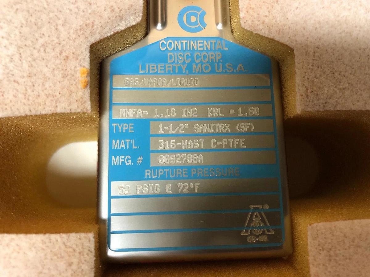 Continental Rupture Disc 1 1/2" SANITRX (SF), 59 psig @ 72 Deg. F, 316/HAST C/