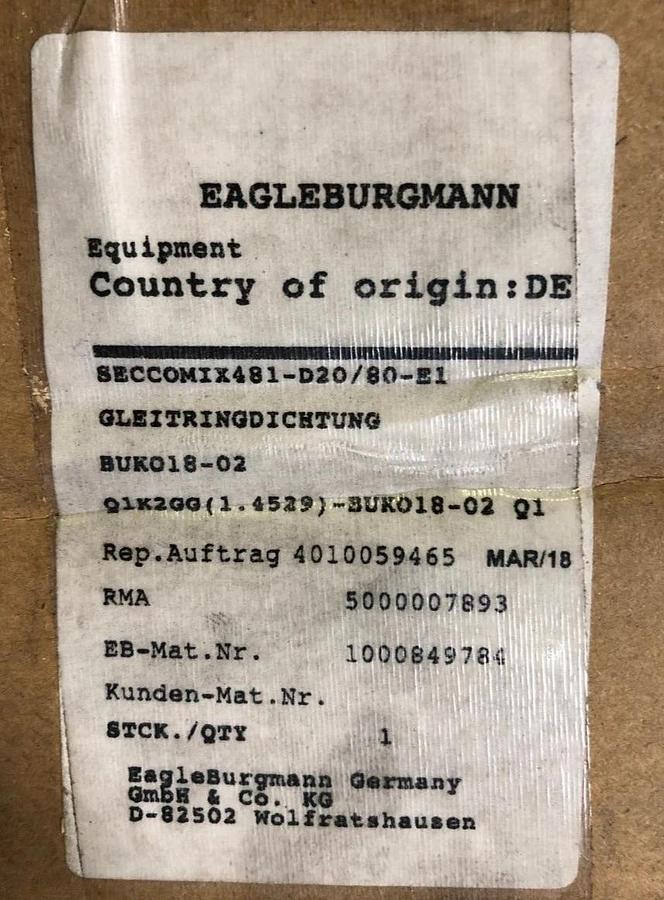 EagleBurgmann, Ekato Agitator Mechanical Seal HWL2080N, SeccoMix 481-D20/80-E1