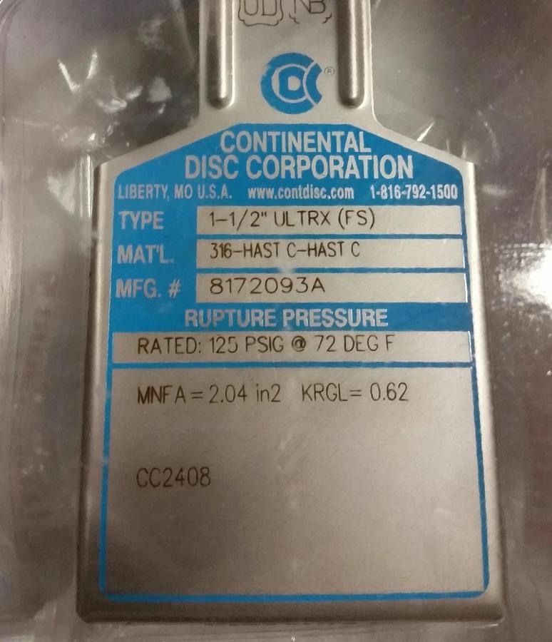 Continental Rupture Disc 1-1/2" ULTRX (FS), 125 psig @ 72 Deg. F, 316-HAST C