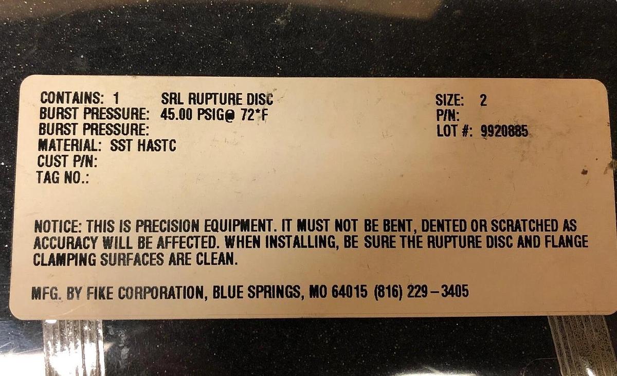 Fike 2" SRL Rupture Disc  45 PSIG @ 72 °F,  316 HASTC
