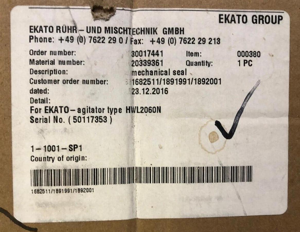 EagleBurgmann, Ekato Agitator Mechanical Seal HWL2060N, Seccomix481-D20/60-E1-A2