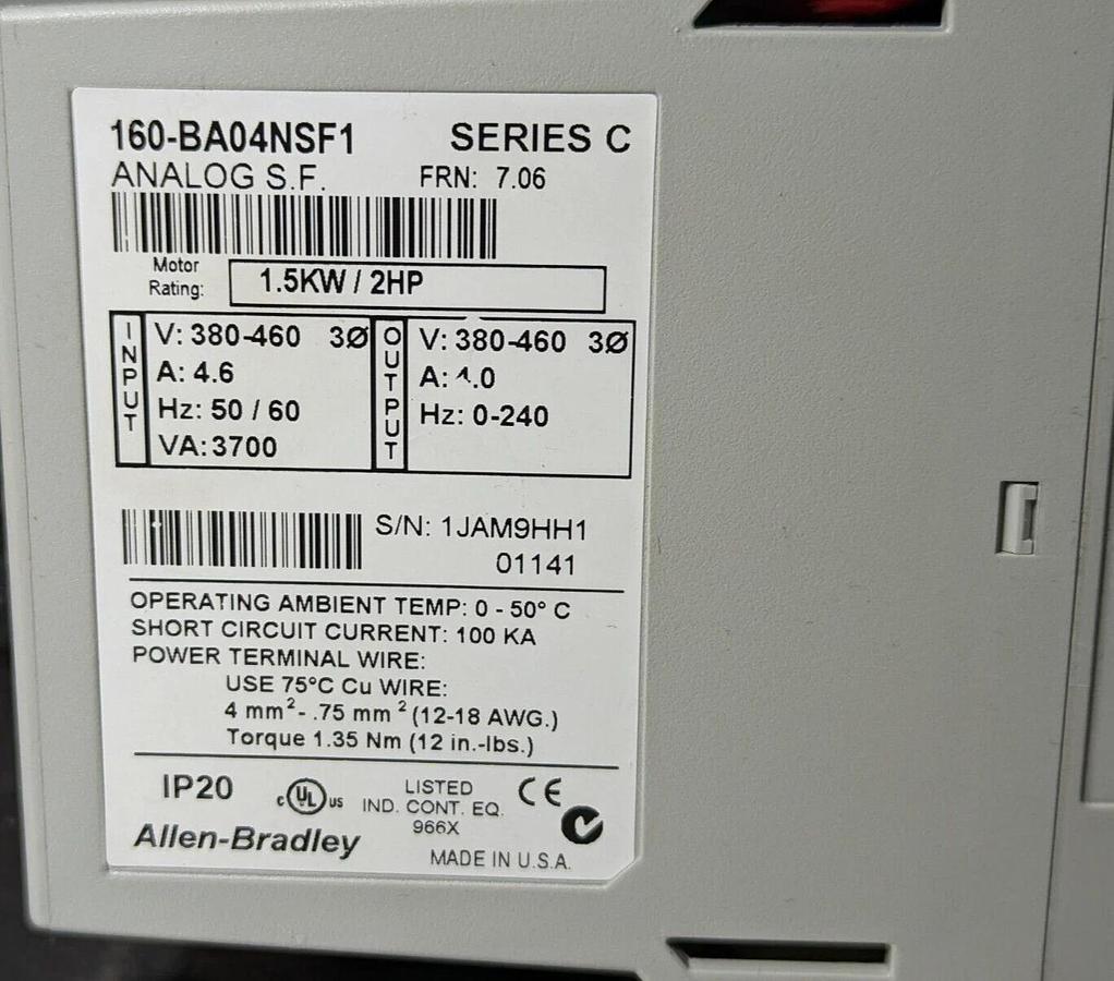 Used Allen Bradley 160-BA04NSF1  Series C  2HP  Analog