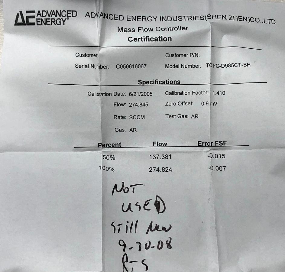 Aera Advanced Energy FC-D985c TC FC-D985CT-BH 300 CCM, AR Mass Flow Controller