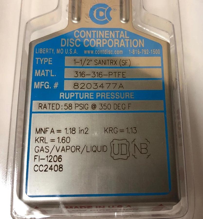 Continental Rupture Disc 1 1/2" SANITRX (SF), 58 psig @ 350 Deg. F, 316/316/PTFE