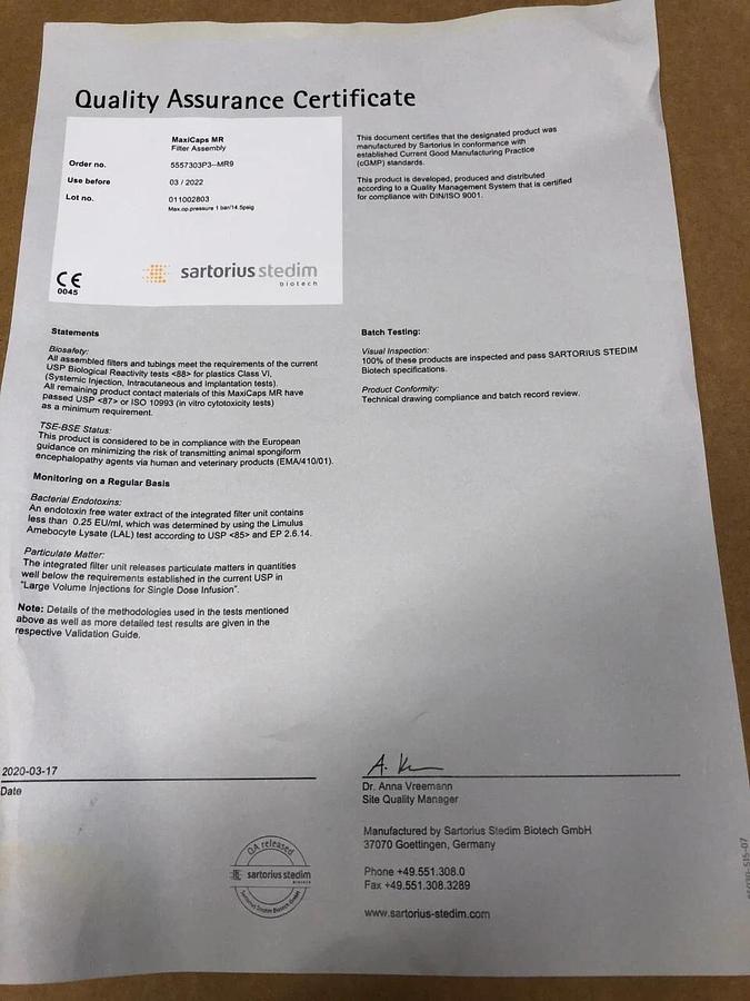 Used SARTORIUS STEDIM 5557303P3-MR9 MAXICAPS MR 9  SARTOPURE GF+ FILTER ASSEMBLY