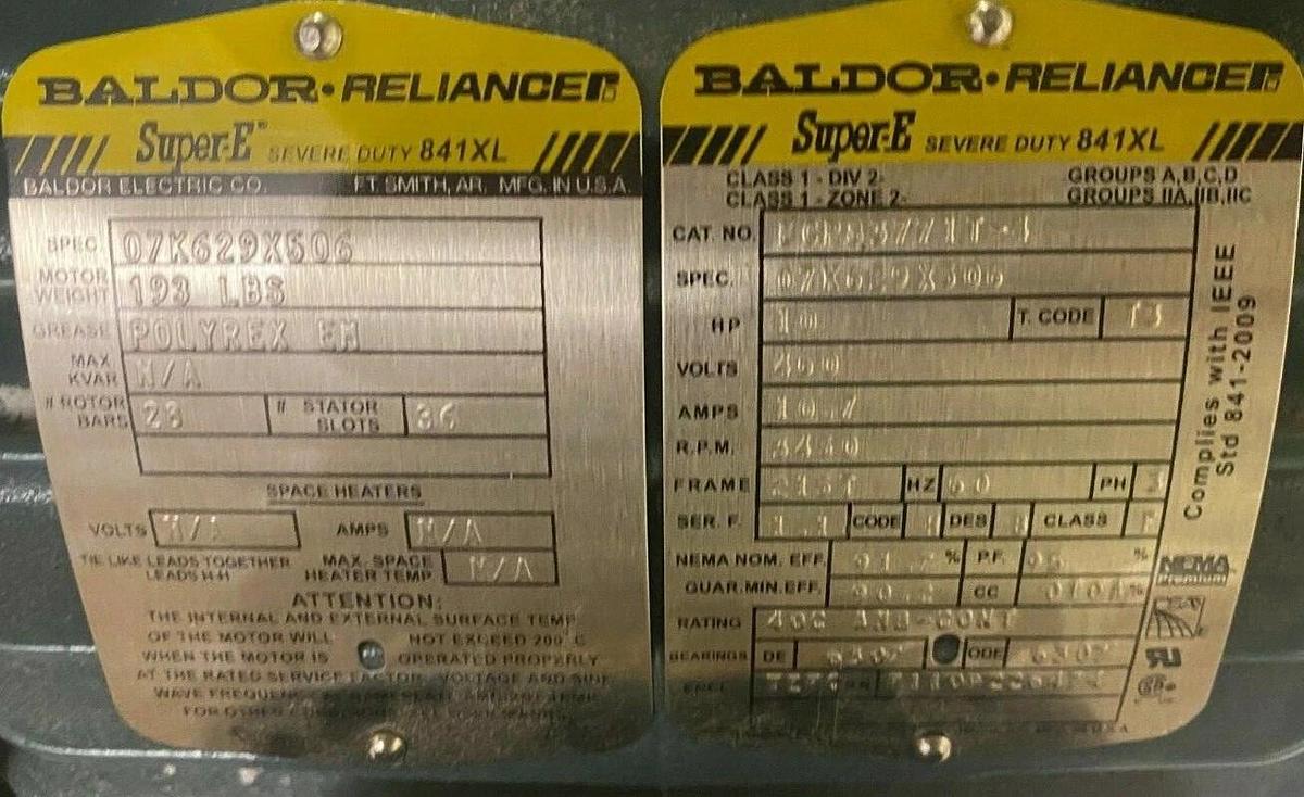 Used 10 HP Baldor Super-E Severe Duty 841XL  ECP83771T-4 Electric Motor 3450 RPM
