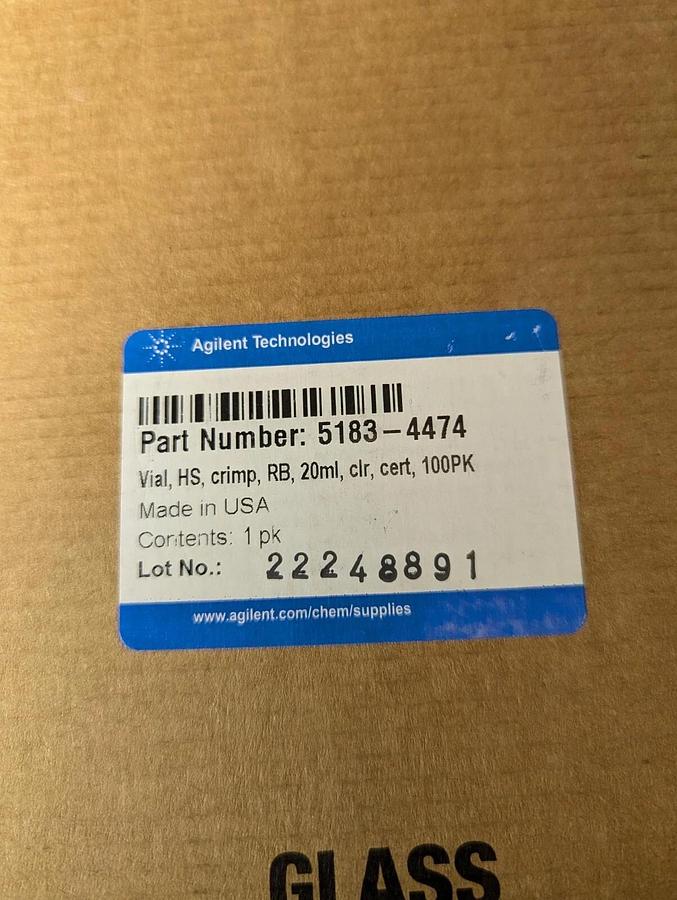 Agilent 5183-4474 Vial, HS, Crimp RB  20ml Clear, Certified, 100pk