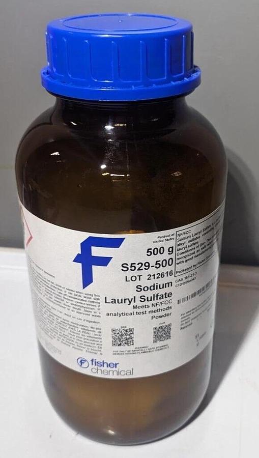 Fisher Chemical S529-500 Sodium Lauryl Sulfate   500 g, Glass Bottle
