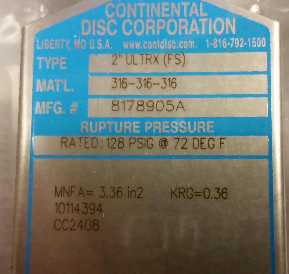 Continental Rupture Disc 2" ULTRX (FS), 128 psig @ 72 Deg. F, 316-316-316