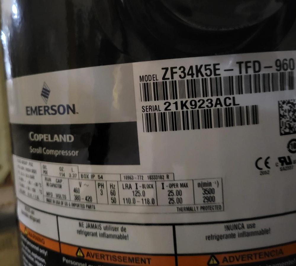 Copeland scroll compressor ZF34K5E-TFD-960 34000 BTU/Hr Low/Medium Temp. 460v